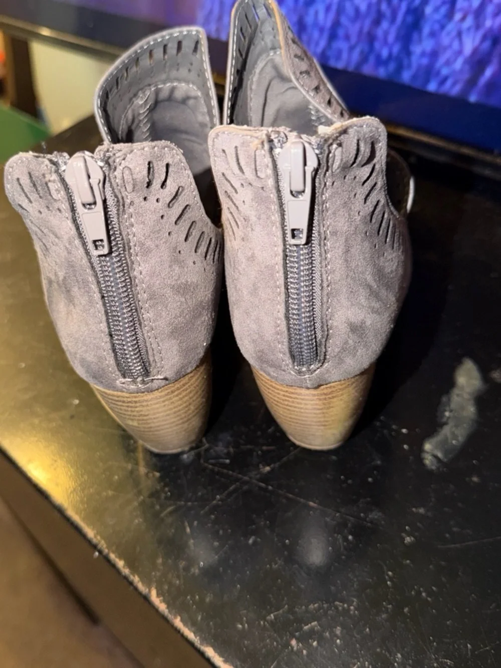 Gray Suede Ankle Booties with Cutout Detail